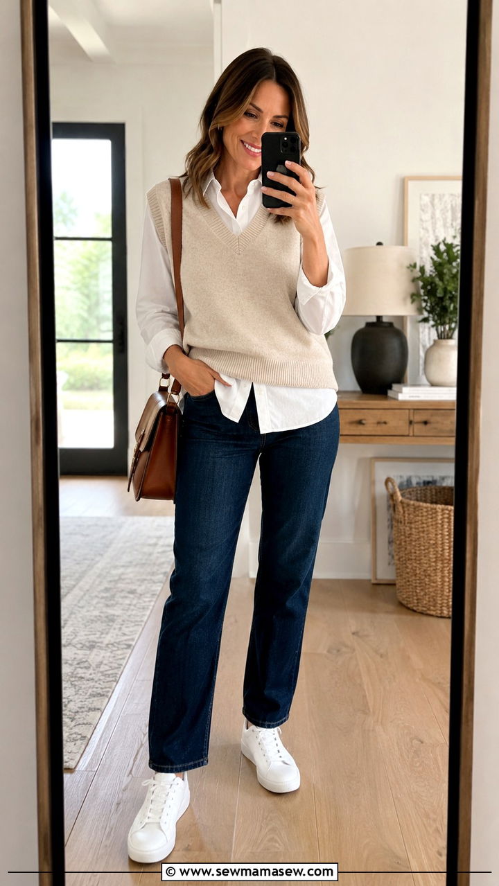 White Sneakers with Sweater Vest Over 40 - 20 How to style white sneakers over 40