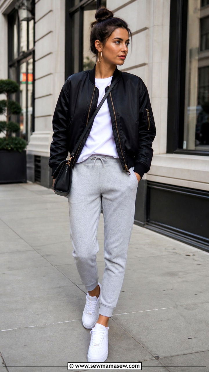 White Sneakers with Sweatpants and Bomber Jacket - 40 casual sneaker outfits