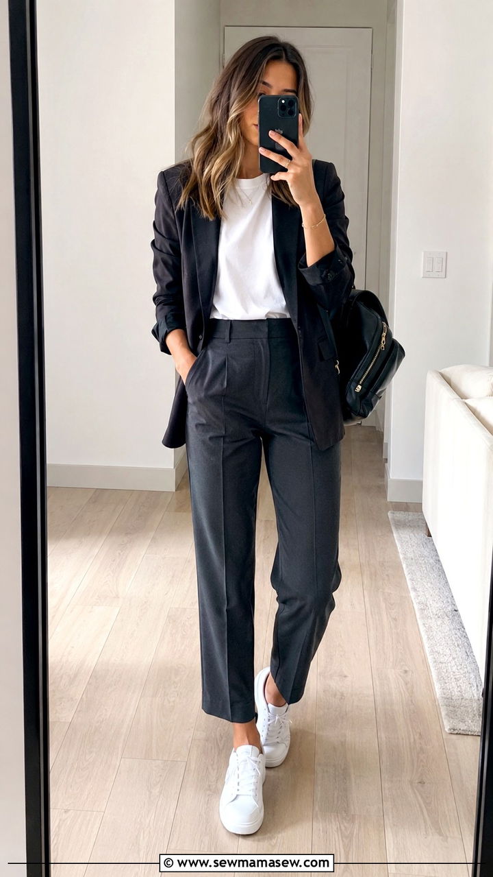 White Sneakers with Tailored Trousers - 30 Office outfits with trousers