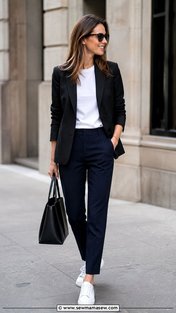White Sneakers with Tailored Trousers and Blazer - 30 classy sneaker outfits