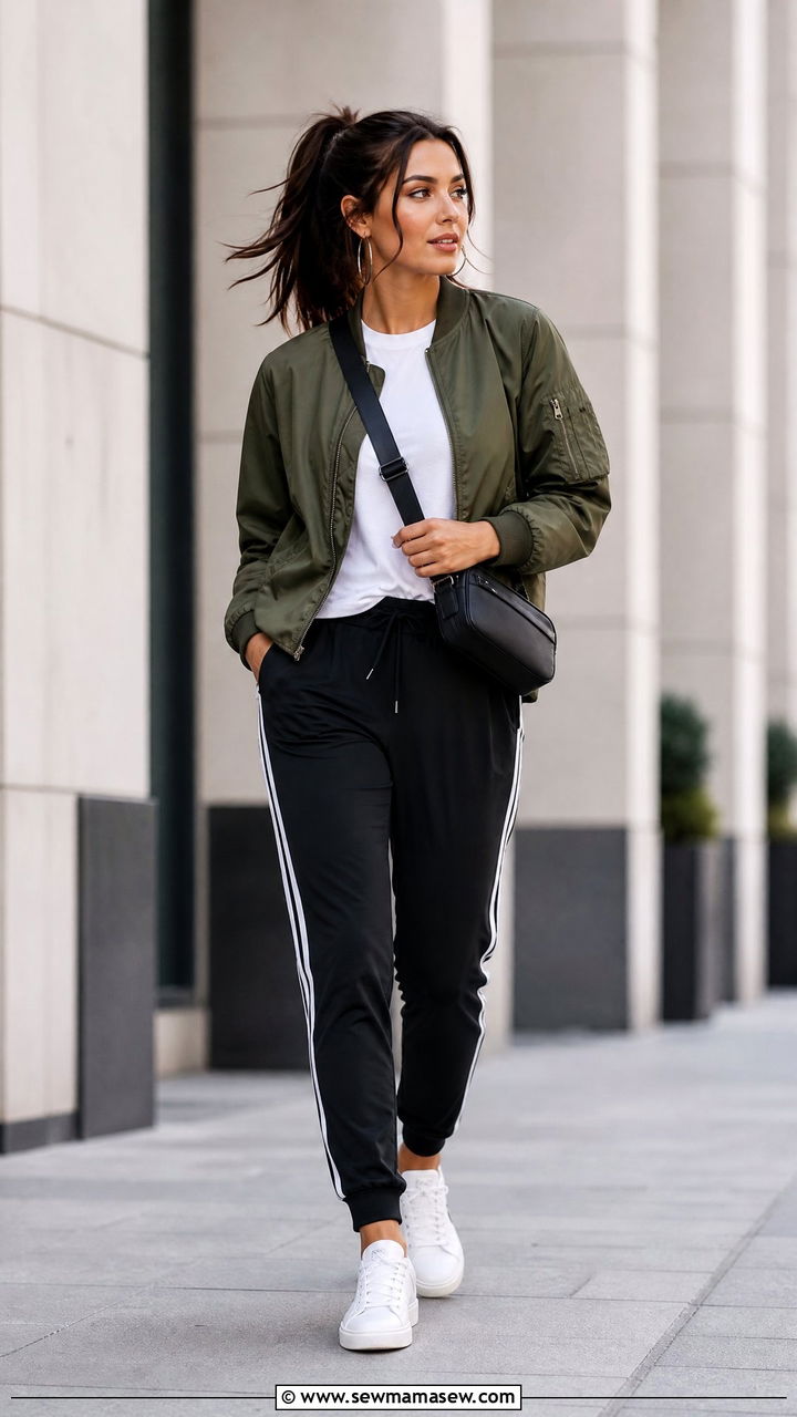 White Sneakers with Track Pants and a Bomber Jacket - 25 How to style white sneakers for travel