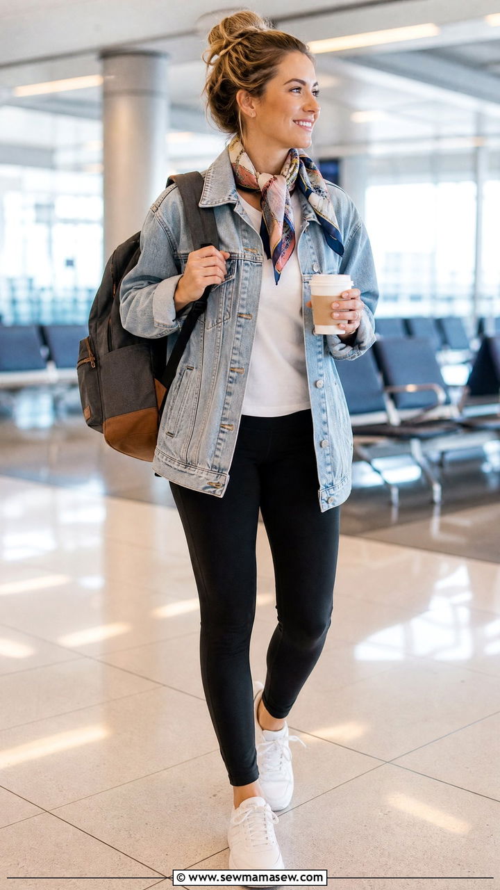 White Sneakers with a Denim Jacket and Black Leggings - 25 How to style white sneakers for travel