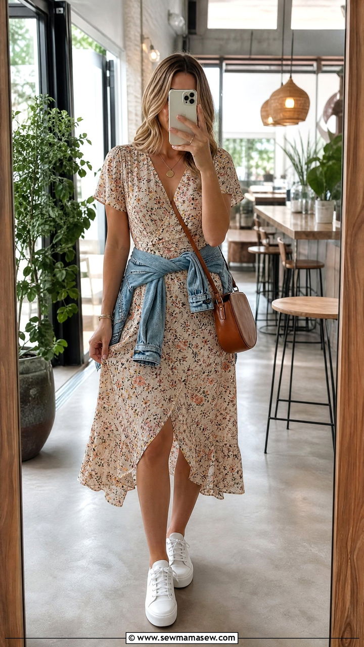 White Sneakers with a Floral Midi Dress - 25 How to style white sneakers for travel