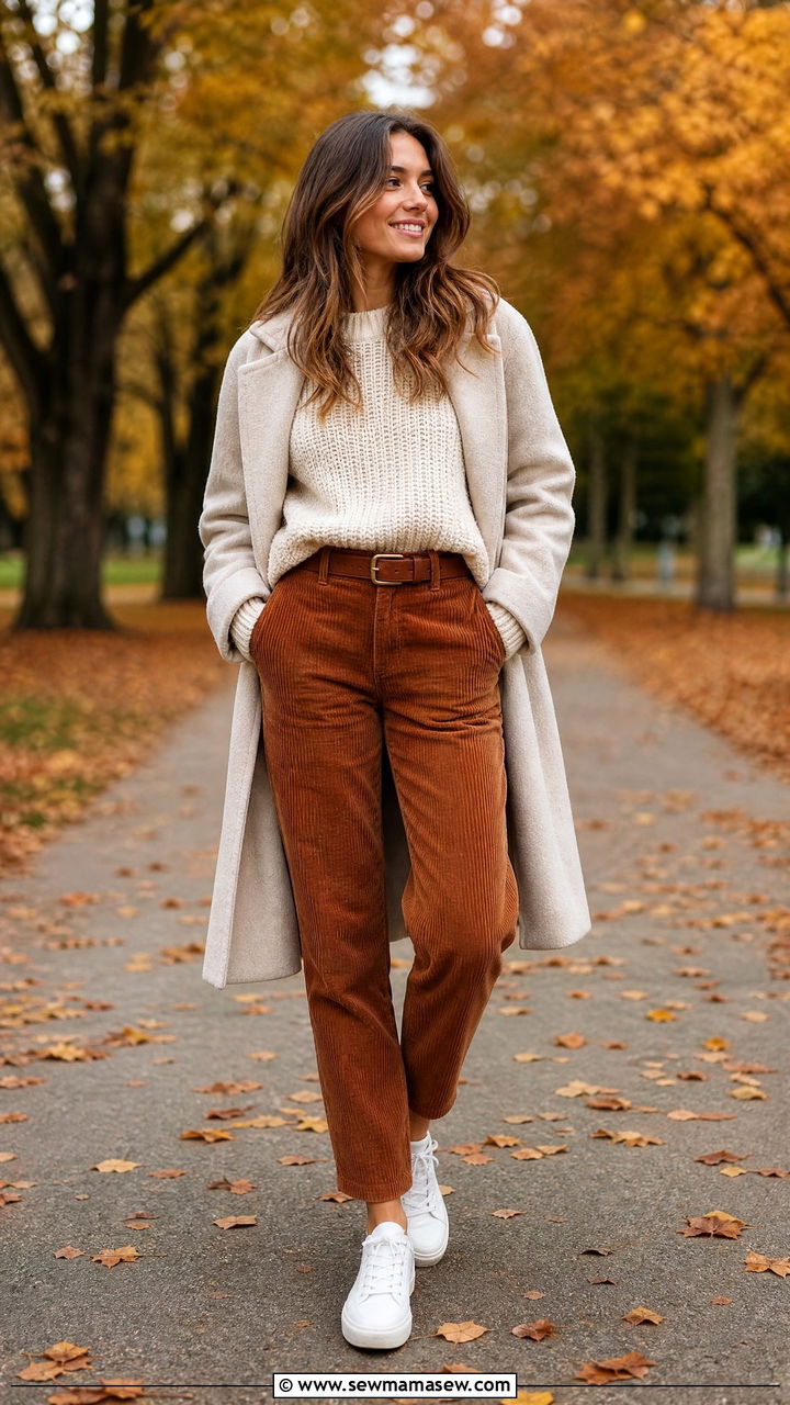 White Sneakers with a Knit Sweater and Corduroy Pants - 25 How to style white sneakers for travel