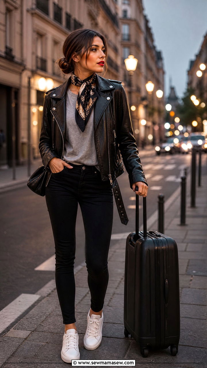 White Sneakers with a Leather Jacket and Black Skinny Jeans - 25 How to style white sneakers for travel