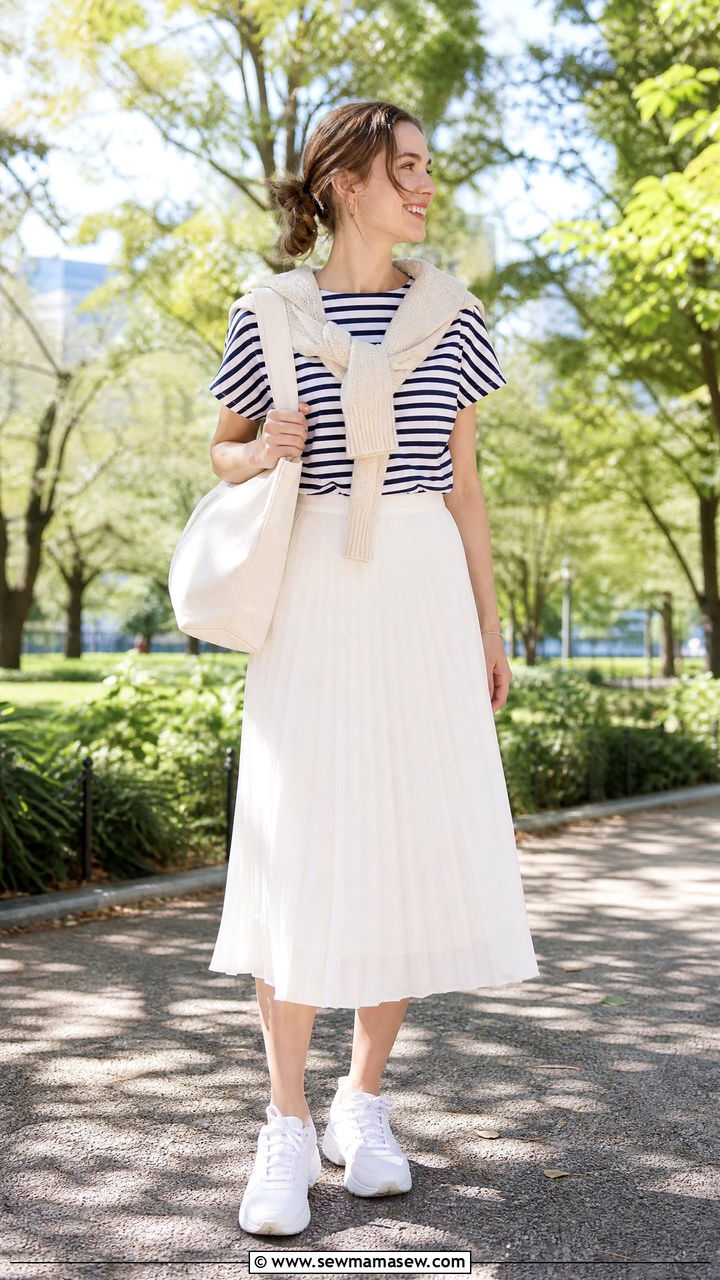 White Sneakers with a Pleated Skirt and Striped Tee - 25 How to style white sneakers for travel