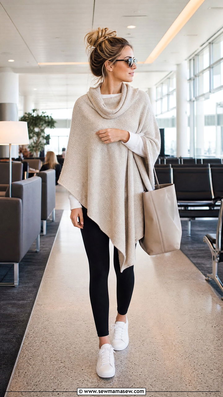 White Sneakers with a Poncho Wrap and Leggings - 25 How to style white sneakers for travel