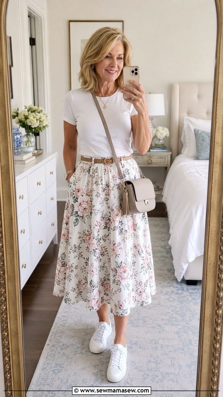 White Sneakers with a Printed Midi Dress - 20 How to style white sneakers over 60