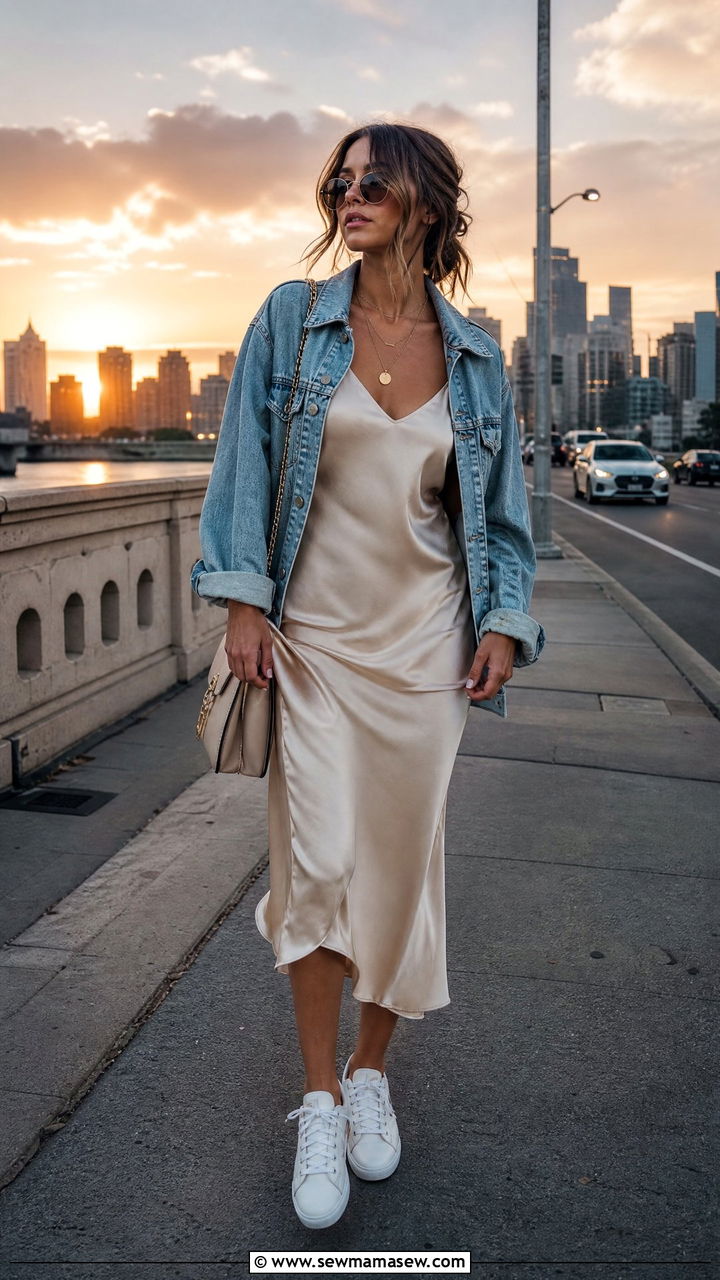 White Sneakers with a Silk Slip Dress and Denim Jacket - 25 How to style white sneakers for travel