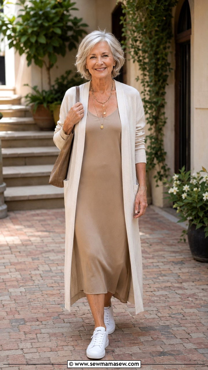 White Sneakers with a Slip Dress and Long Cardigan - 20 How to style white sneakers over 60