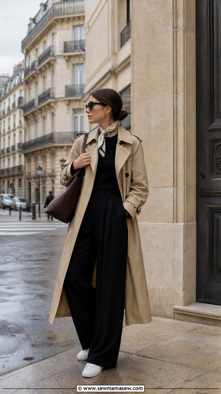 White Sneakers with a Trench Coat and Wide Leg Trousers - 25 How to style white sneakers for travel