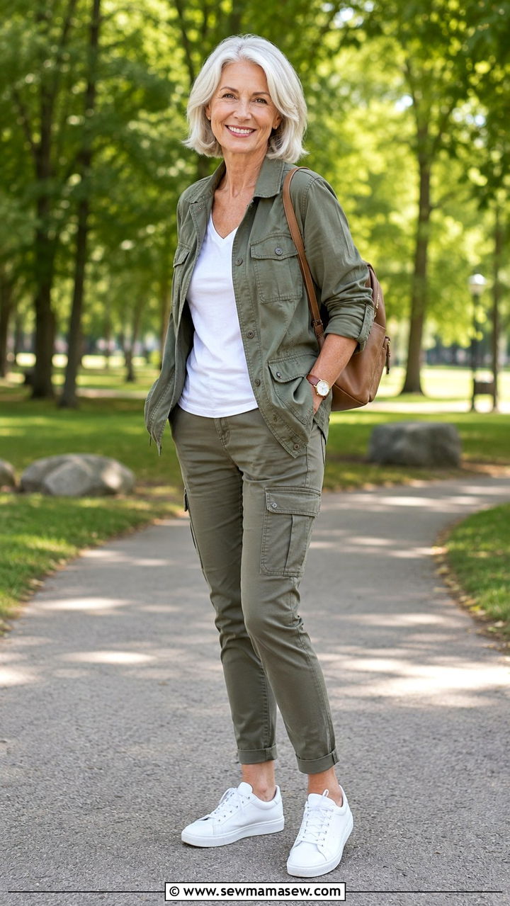 White Sneakers with a Utility Jacket and Cargo Pants - 20 How to style white sneakers over 60