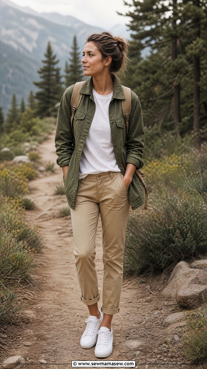 White Sneakers with a Utility Jacket and Chinos - 25 How to style white sneakers for travel