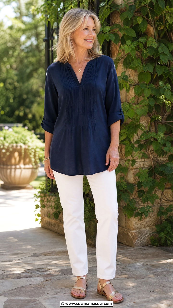 White Straight Leg Jeans With Navy Tunic Blouse - 35 jeans outfits for women over 40