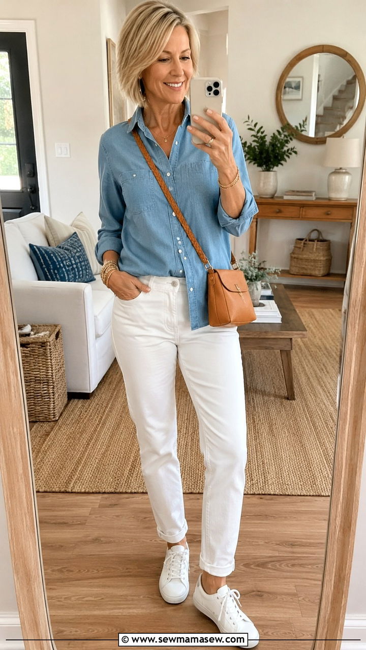 White Straight Leg Jeans With a Chambray Shirt - 25 Outfit ideas for women over 50 2026