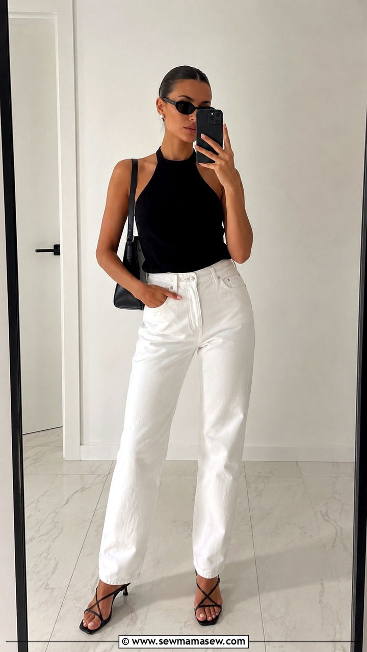 White Straight Leg Jeans and Black Halter Top - 30 Minimalist outfit ideas summer 2026