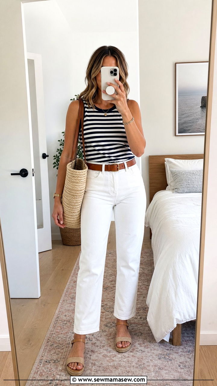 White Straight Leg Jeans and Striped Tank Top - 25 Early July outfit ideas