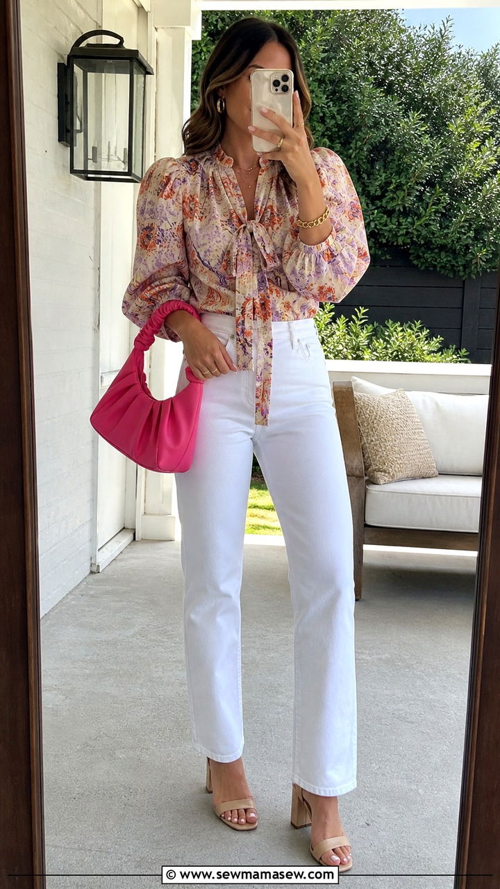 White Straight Leg Jeans with Statement Blouse - 20 10 year reunion outfit ideas