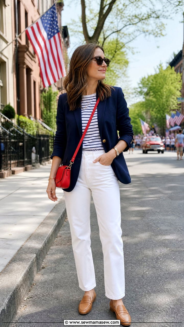 White Straight Leg Jeans with a Navy Linen Blazer and Striped Tee - 35 Memorial Day weekend outfit ideas