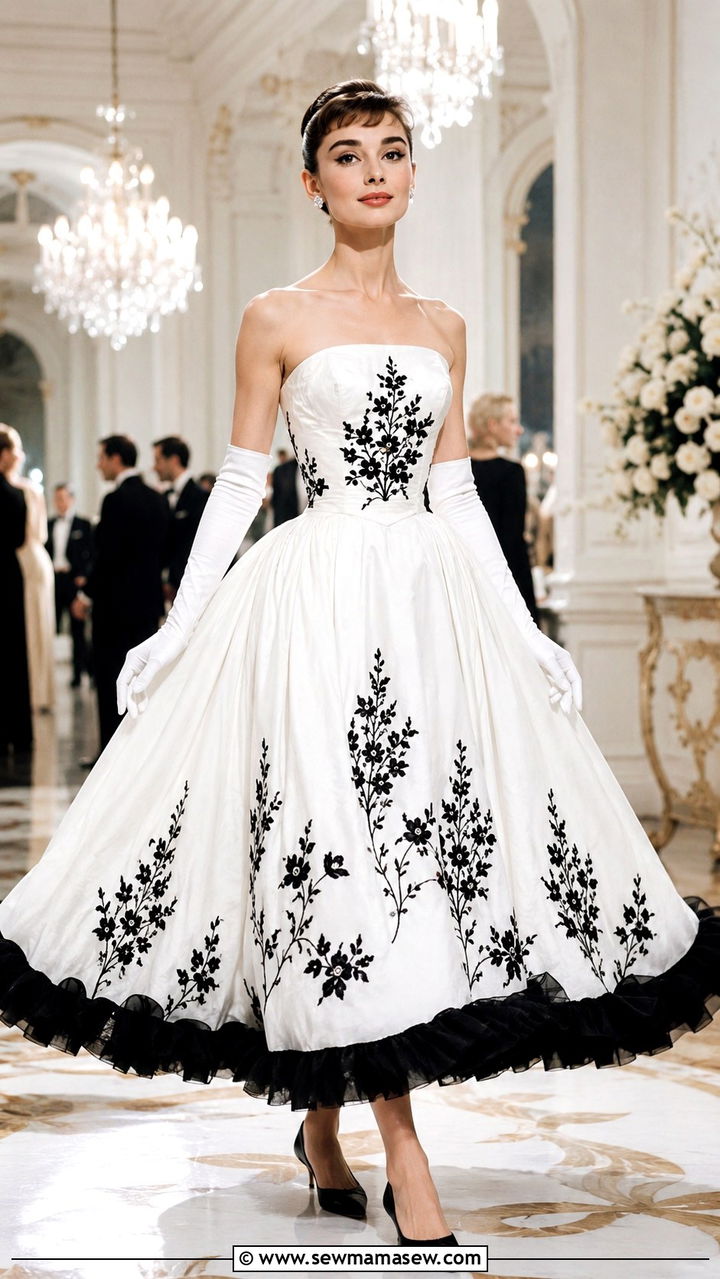 White Strapless Ballgown With Black Embroidery and Opera Gloves - 25 Audrey Hepburn outfit ideas