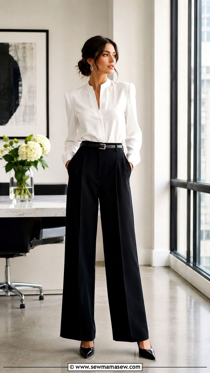 White Structured Blouse With Black High Waist Wide Leg Trousers - 25 Virtual interview outfit ideas