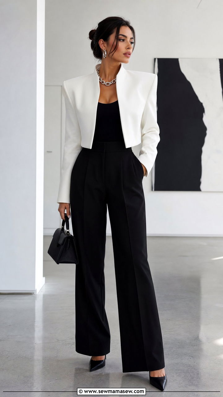 White Structured Jacket with Black Wide Leg Trousers - 25 Glamoratti outfit ideas 2026