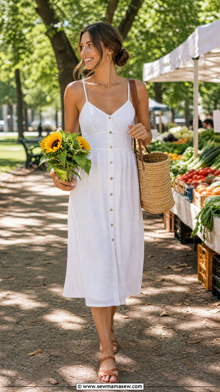 White Sundress Outfit With Flat Sandals - 35 June outfit ideas