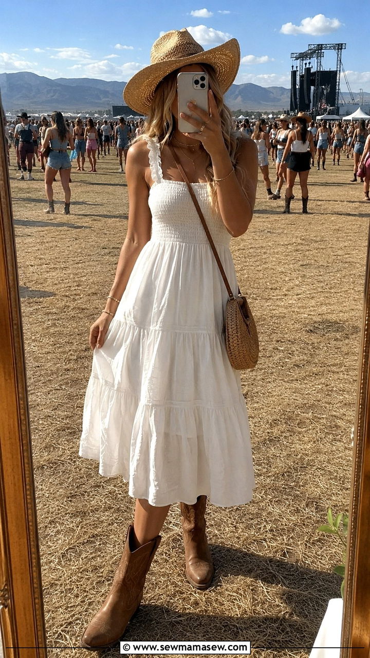 White Sundress With Brown Boots and a Straw Hat - 30 classy country concert outfit ideas