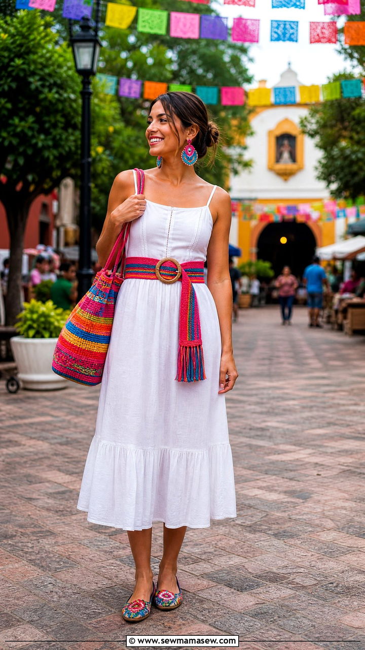 White Sundress With Colorful Accessories Mexico Vacation Look - 35 Mexico vacation outfits