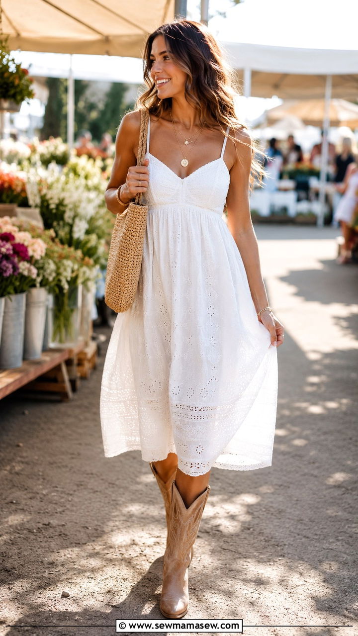 White Sundress With Cowboy Boots - 30 Spring outfits with boots