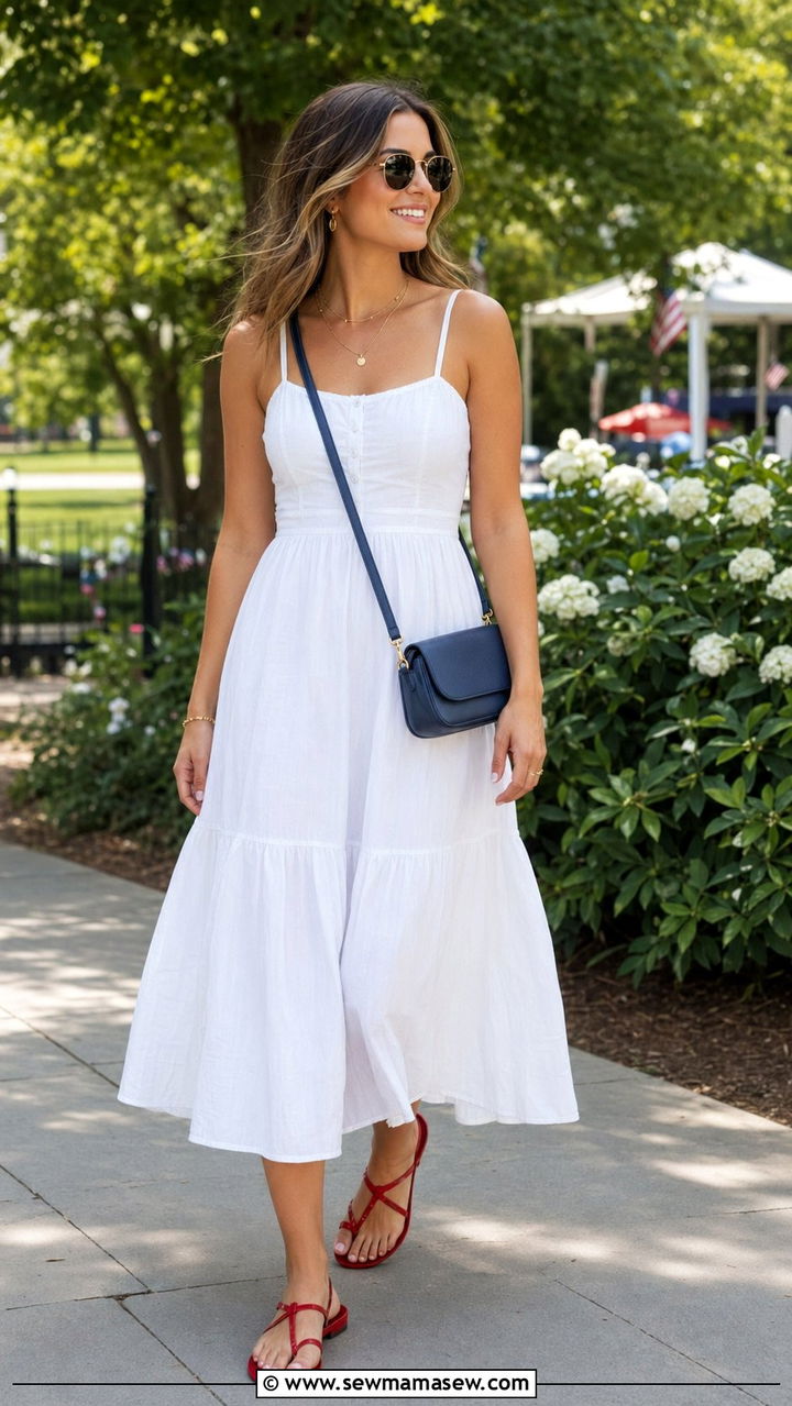 White Sundress With Red Sandals and Blue Bag - 35 4th of July outfits