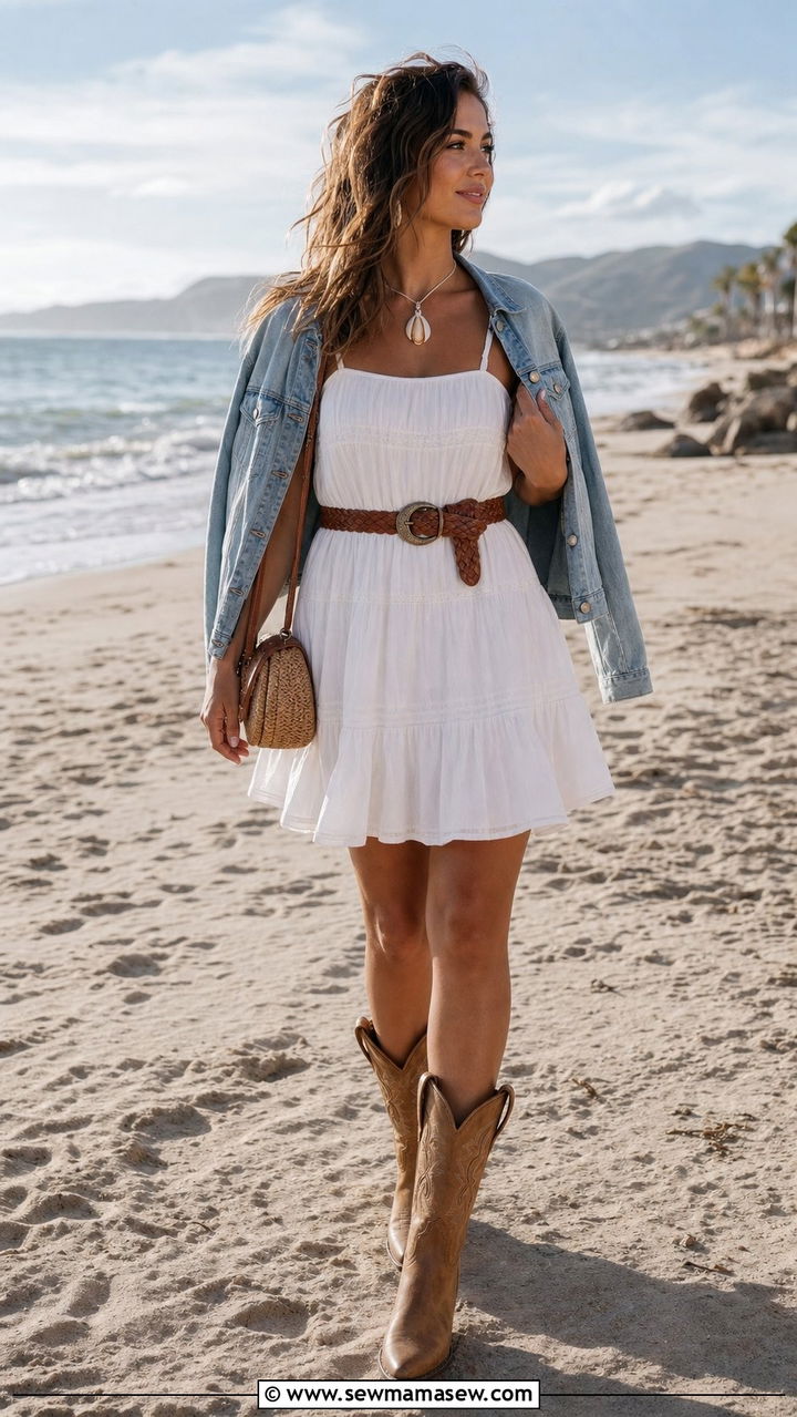 White Sundress With Tan Cowboy Boots - 25 summer coastal cowgirl outfit ideas