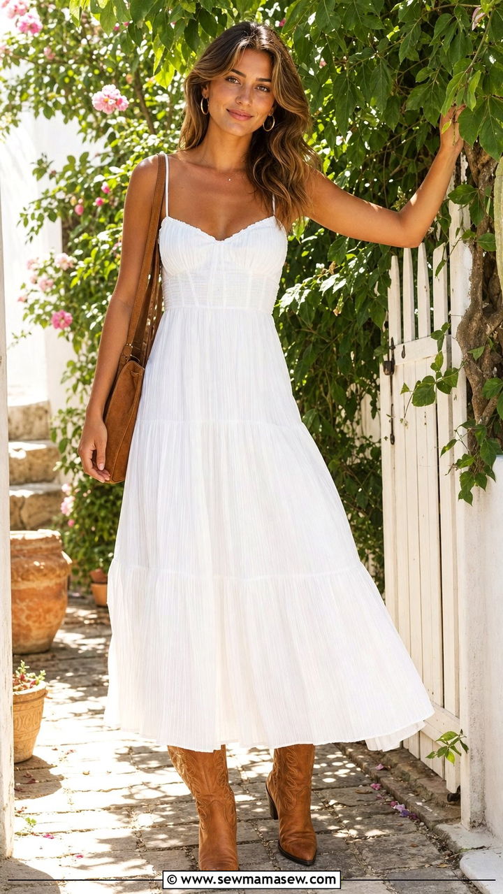 White Sundress with Cowboy Boots - 25 Summer outfits with knee high boots