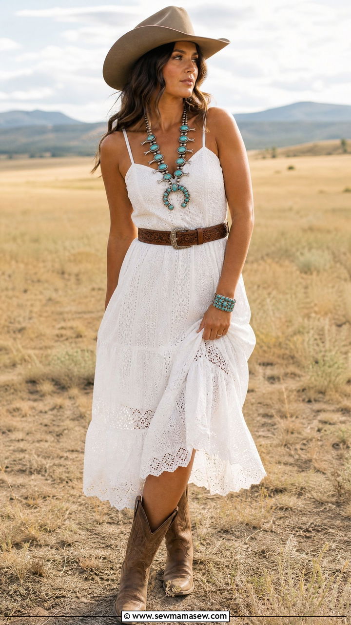 White Sundress with Cowboy Boots and Turquoise Western Jewelry - 25 Boho outfit ideas with turquoise jewelry