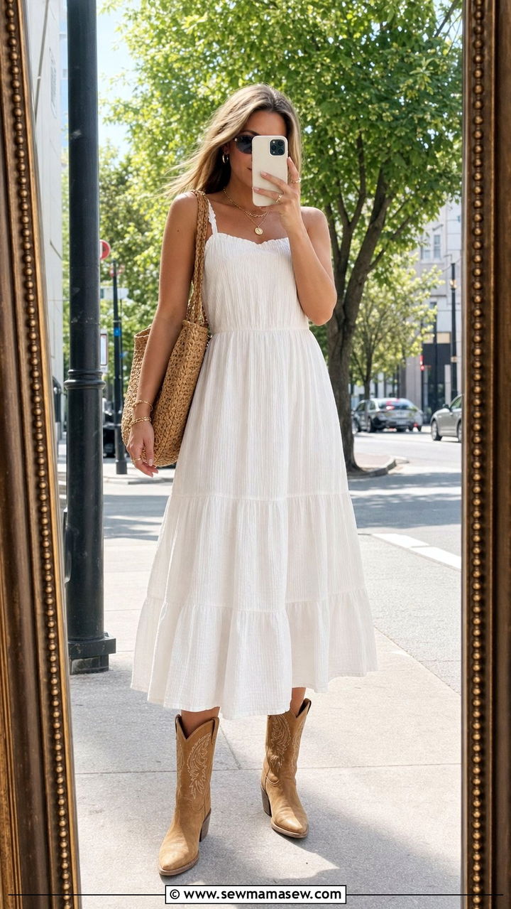 White Sundress with Cowboy Boots - 25 Spring outfits with cowboy boots