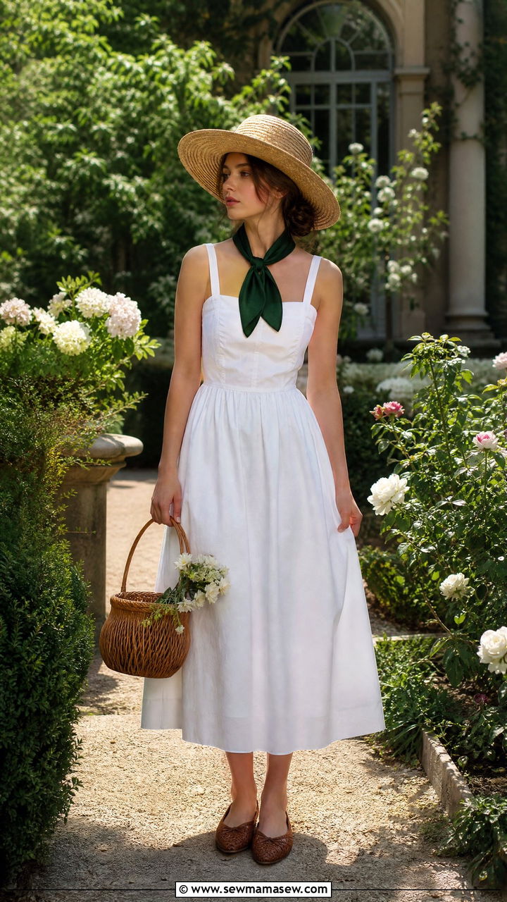 White Sundress with Dark Silk Scarf - 30 summer dark academia outfits