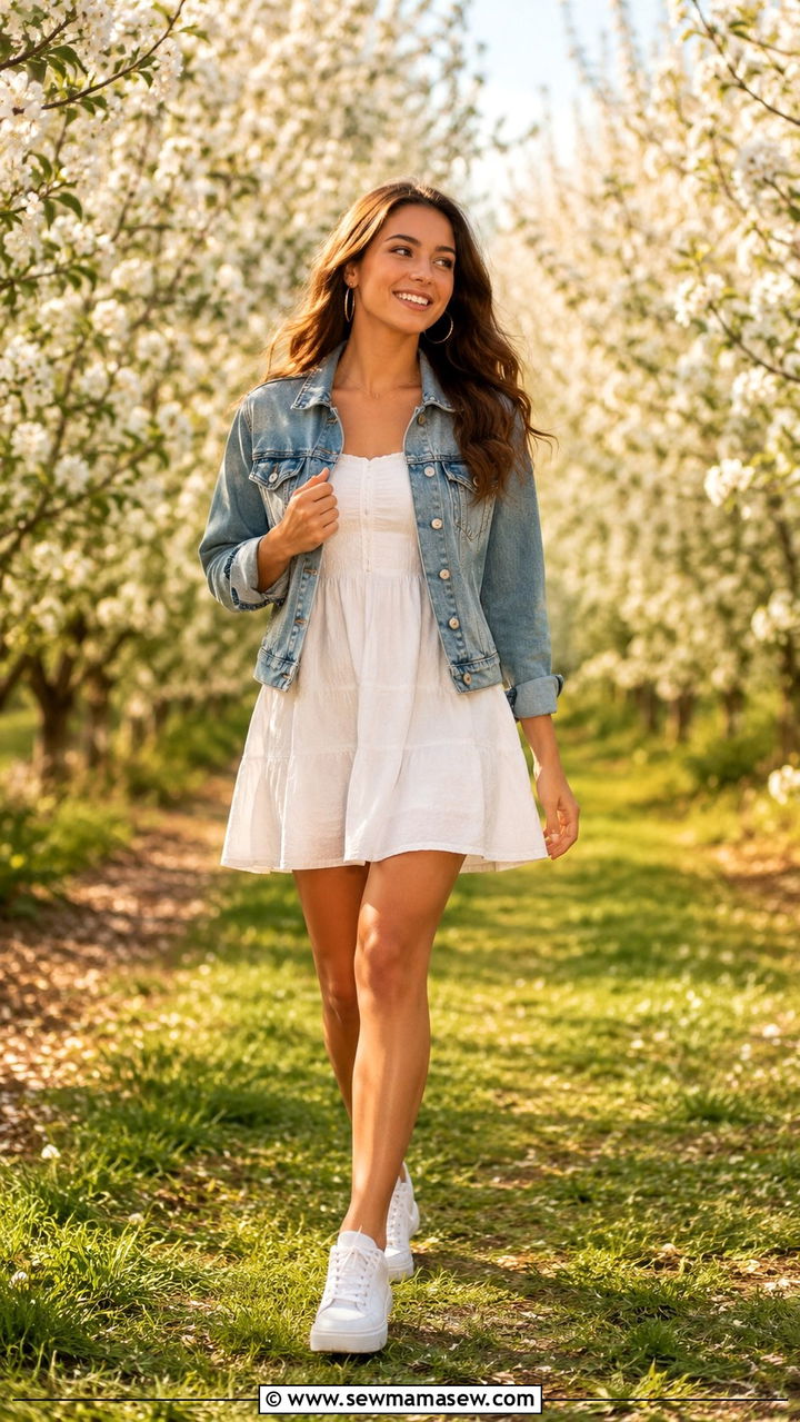 White Sundress with Denim Jacket - 30 Spring senior photo outfits
