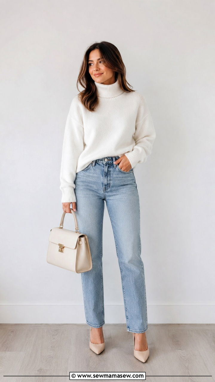 White Sweater Straight leg Jeans - 30 casual outfits for short women