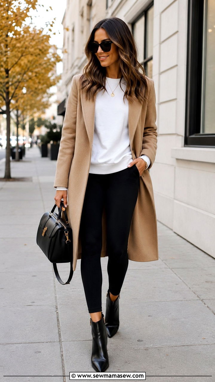 White Sweatshirt with Black Leggings and a Camel Coat - 30 Sweatshirt and leggings outfit ideas