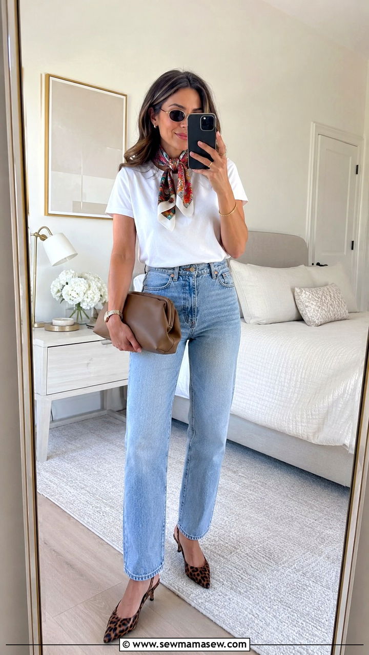 White T Shirt Silk Scarf and Jeans Outfit - 25 White t-shirt outfit ideas 2026