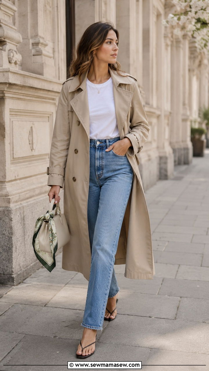 White T Shirt Trench Coat and Jeans Outfit - 25 White t-shirt outfit ideas 2026