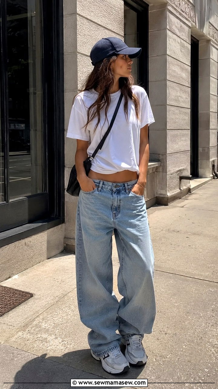 White T Shirt With Baggy Jeans and Chunky Sneakers - 25 White t-shirt with jeans outfit ideas
