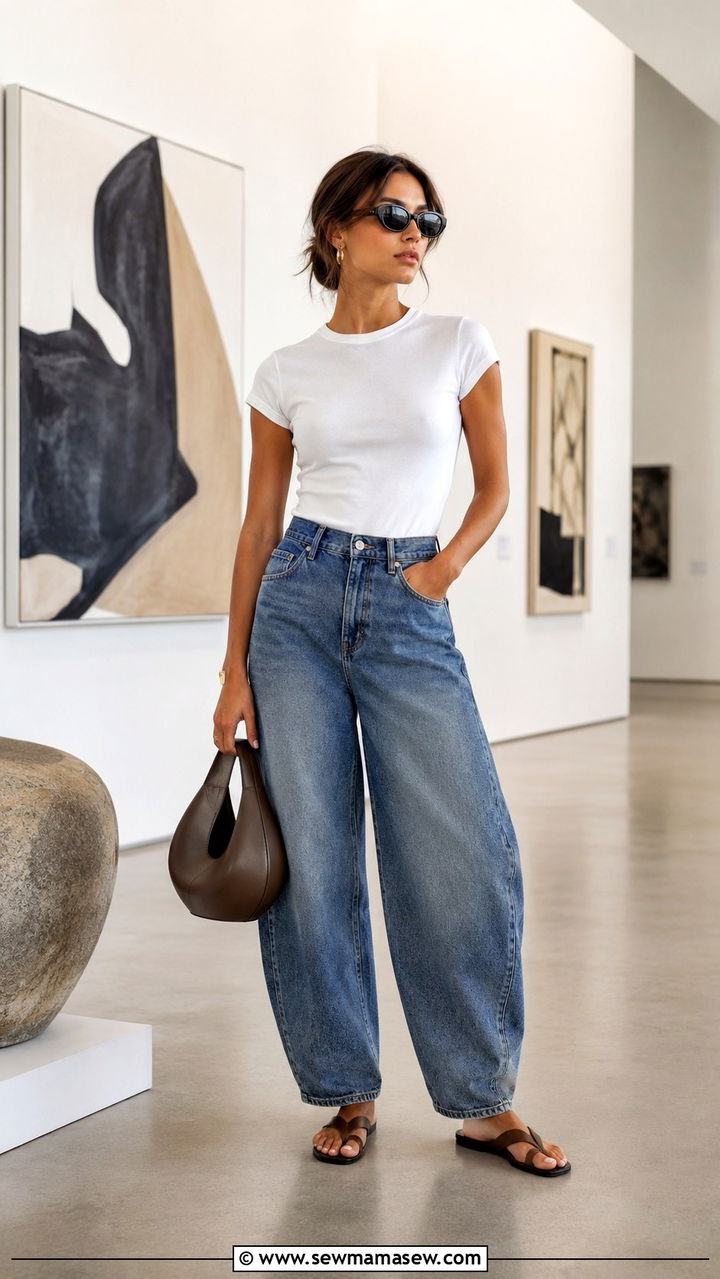 White T Shirt With Barrel Leg Jeans and Minimal Sandals - 25 White t-shirt with jeans outfit ideas