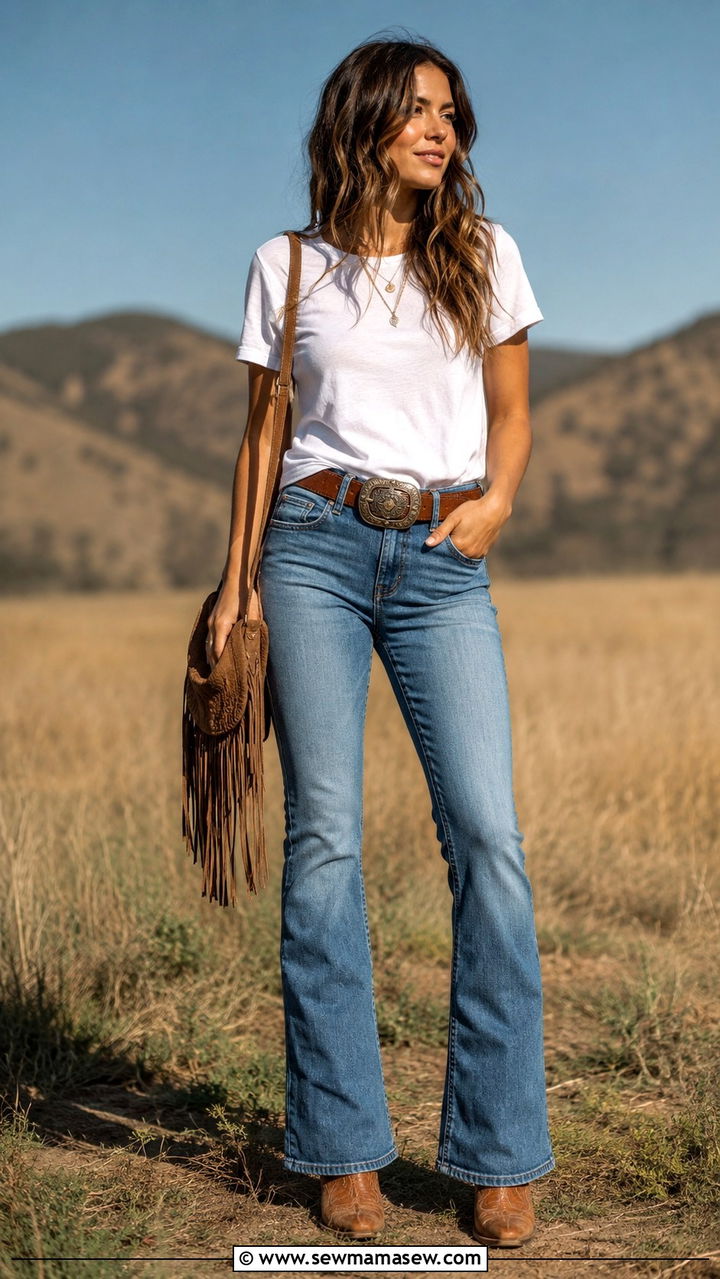 White T Shirt With Bootcut Jeans and Cowboy Boots - 25 White t-shirt with jeans outfit ideas