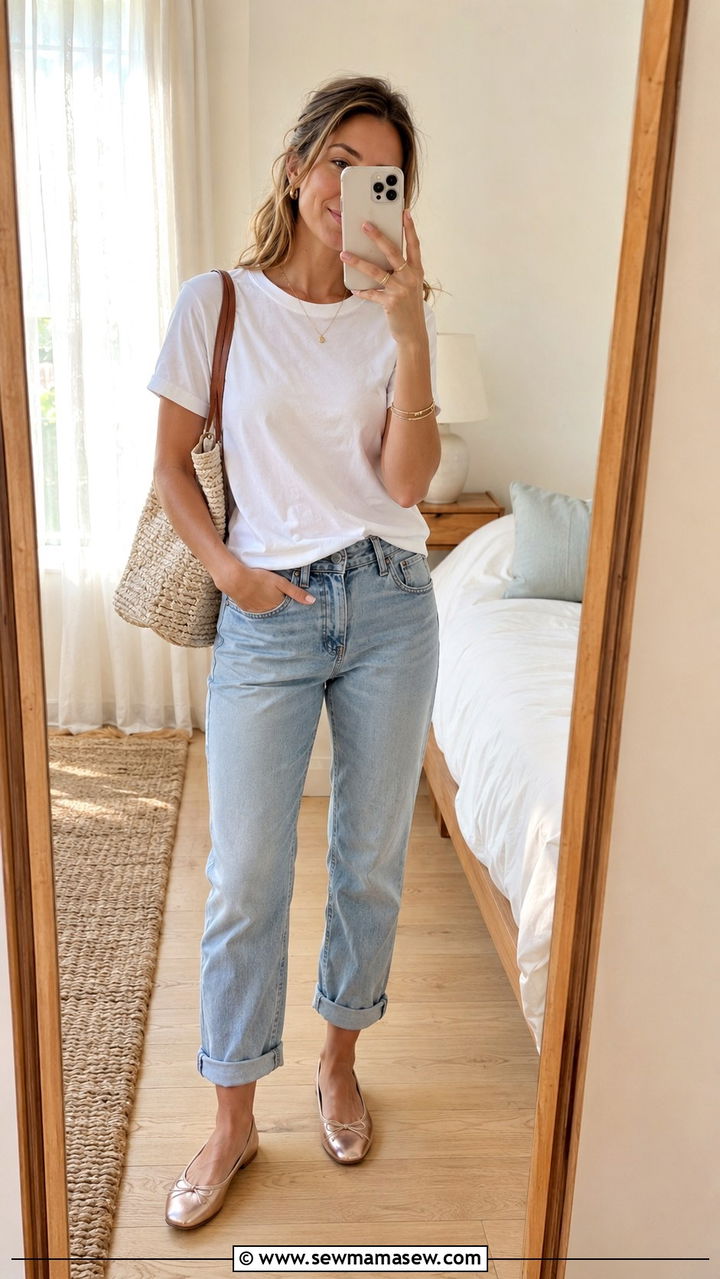 White T Shirt With Cuffed Jeans and Ballet Flats - 25 White t-shirt with jeans outfit ideas