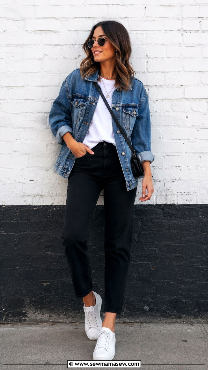 White T Shirt With Denim Jacket And Black Jeans - 30 How to style a white t-shirt in spring