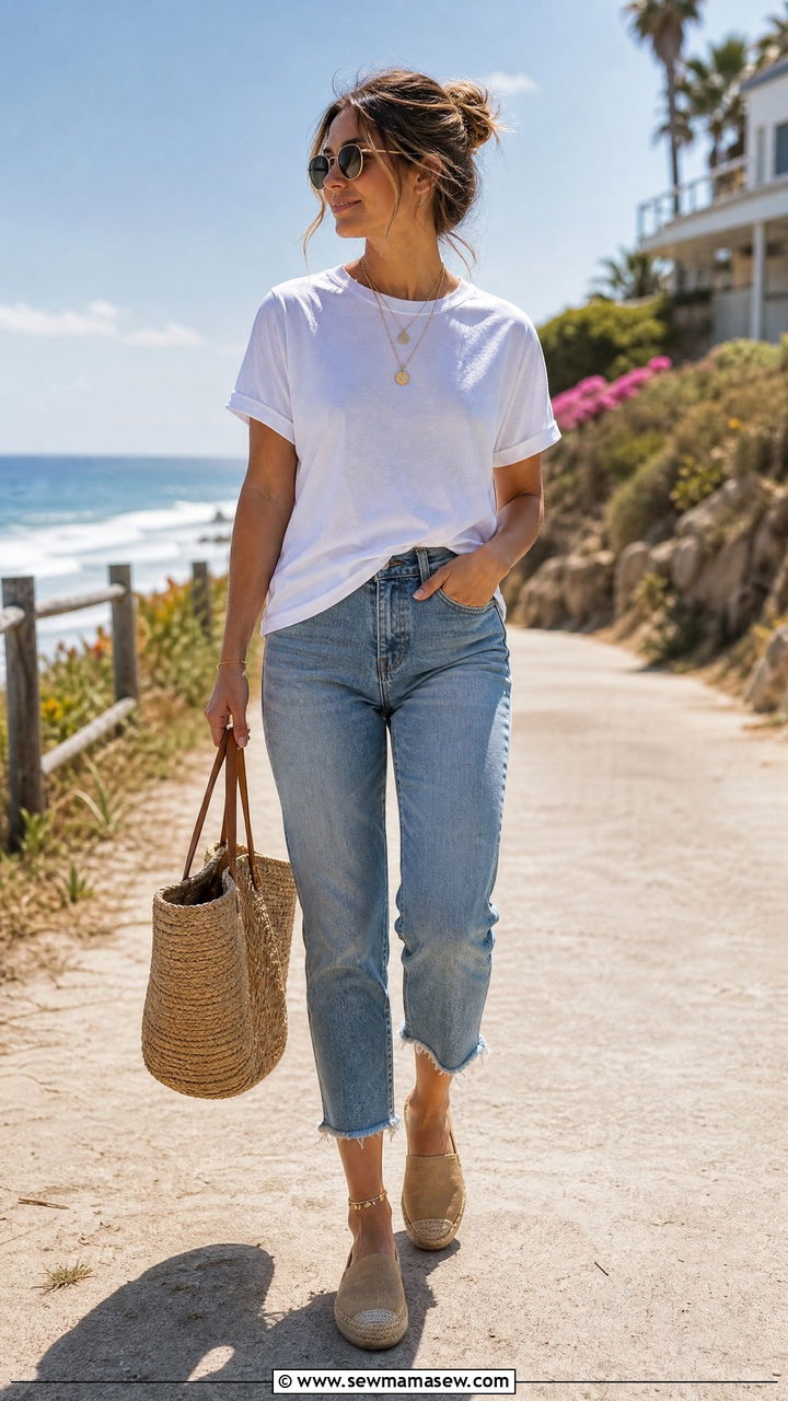 White T Shirt With Espadrilles And Cropped Jeans - 30 How to style a white t-shirt in spring
