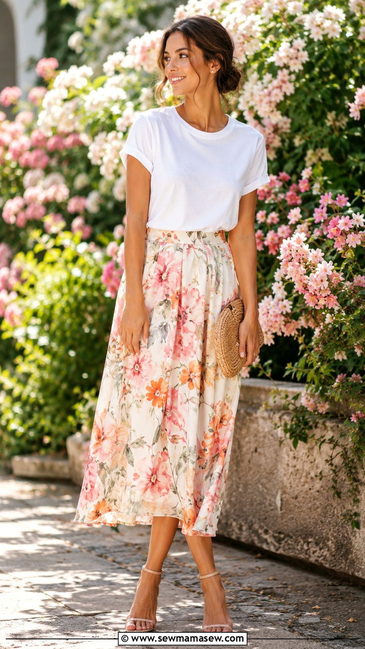 White T Shirt With Floral Midi Skirt - 30 How to style a white t-shirt in spring