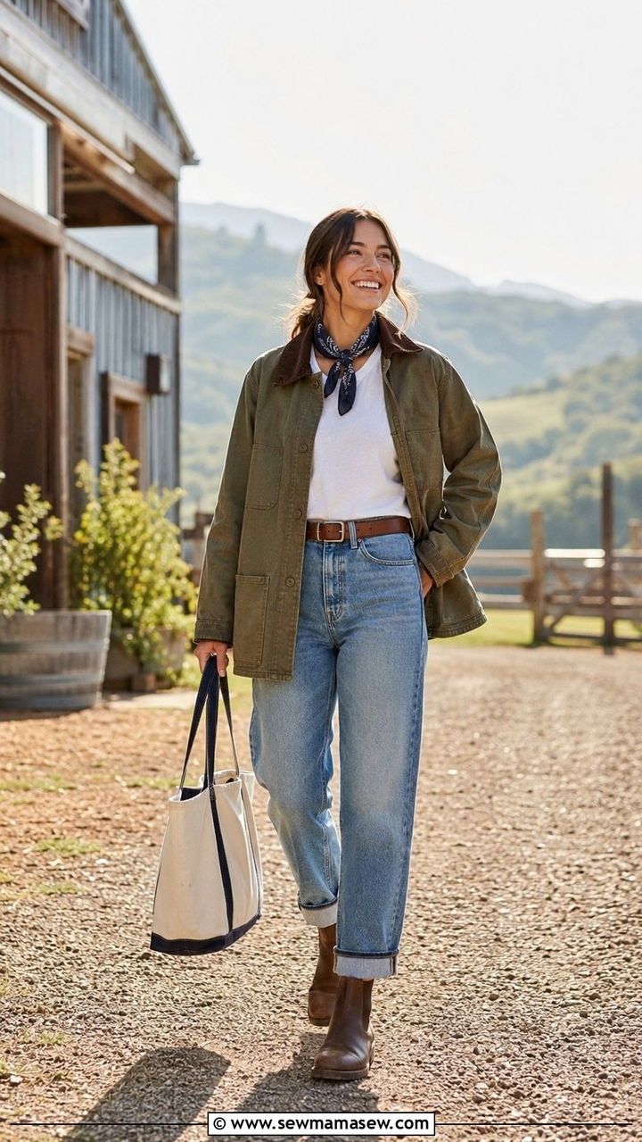White T Shirt With Jeans Barn Jacket and Leather Boots - 25 White t-shirt with jeans outfit ideas