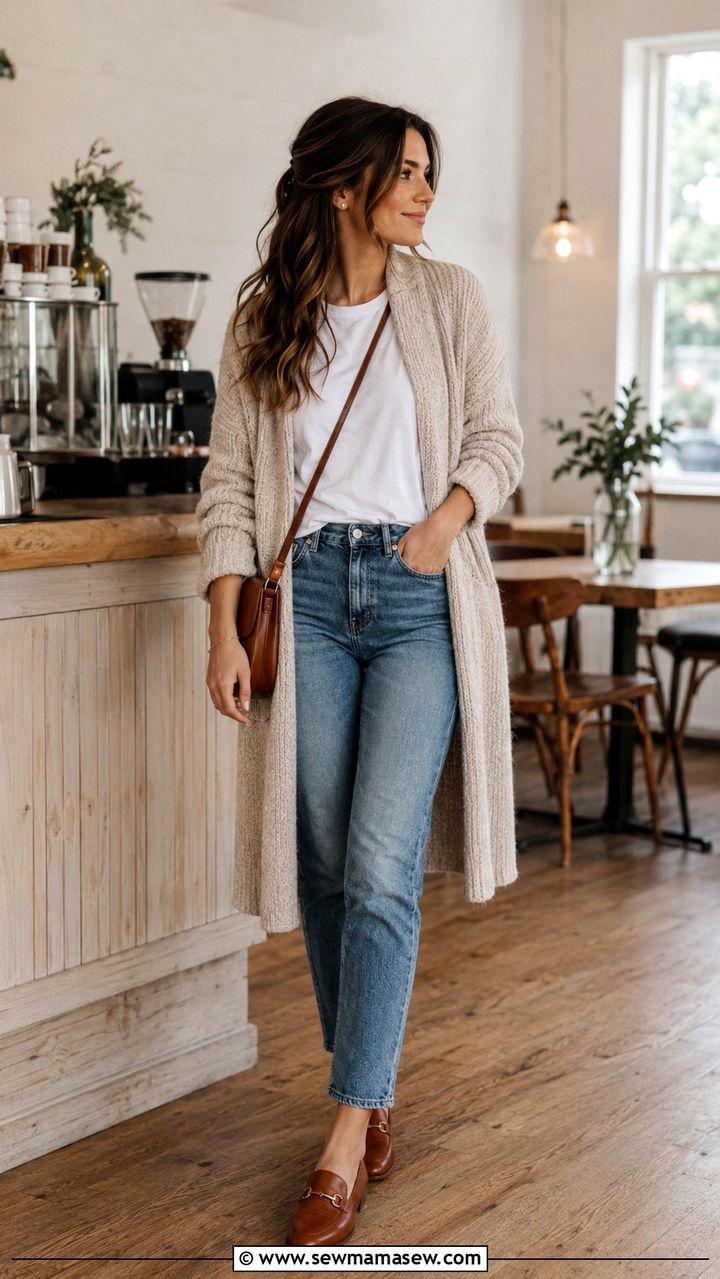 White T Shirt With Jeans Cardigan and Loafers - 25 White t-shirt with jeans outfit ideas